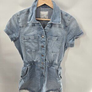 Celebrity Pink Blue Denim Pockets Button Snap Cotton Romper Size Small 3-5